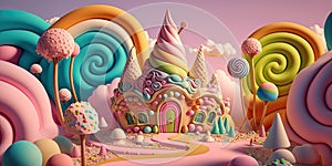 Colorful candyland in pastels. Candy castle with ice cream and lollipop trees. Sweet, dessert, birthday background. photo