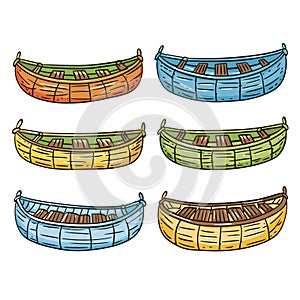 Colorful canoes cartoon style, various colors boats arranged. Wooden canoes illustration, vibrant