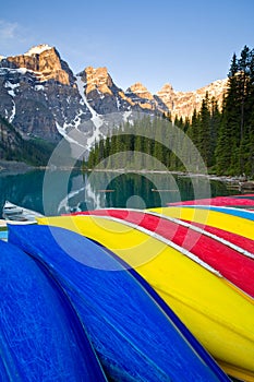 Colorful canoes at Moraine Lake, Banff National Park at sunrise