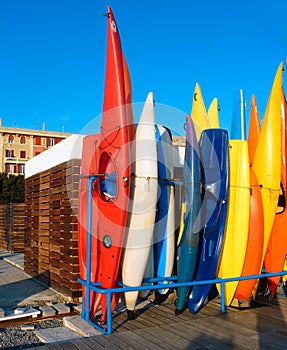 Colorful canoes stowed