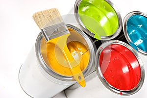 Colorful cans of paint photo