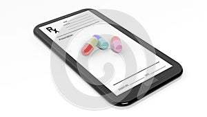 Colorful caplets on smartphone screen with Rx form