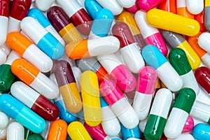 Colorful capsule pills. Pharmaceutical industry. Healthcare and medicine background. Pharmaceutics concept. Antibiotic drug