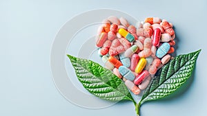 Colorful capsules and pills form heart with green leaves