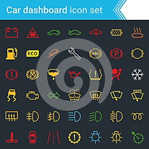 Colorful car dashboard interface and indicators icon set - service maintenance vector symbols