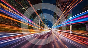 Colorful car light trails, long exposure photo at night, fantastic night scene, top view, a long exposure photo