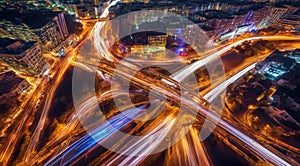 Colorful car light trails, long exposure photo at night, fantastic night scene, top view, a long exposure photo