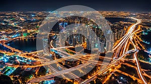 Colorful car light trails, long exposure photo at night, fantastic night scene, top view, a long exposure photo