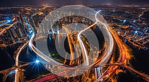 Colorful car light trails, long exposure photo at night, fantastic night scene, top view, a long exposure photo