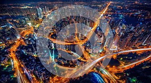 Colorful car light trails, long exposure photo at night, fantastic night scene, top view, a long exposure photo