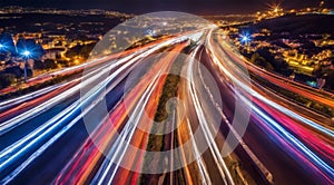 Colorful car light trails, long exposure photo at night, fantastic night scene, top view, a long exposure photo