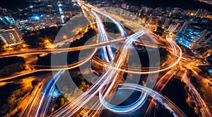 Colorful car light trails, long exposure photo at night, fantastic night scene, top view, a long exposure photo