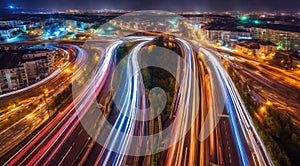 Colorful car light trails, long exposure photo at night, fantastic night scene, top view, a long exposure photo