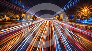 Colorful car light trails, long exposure photo at night, fantastic night scene, top view, a long exposure photo