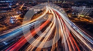 Colorful car light trails, long exposure photo at night, fantastic night scene, top view, a long exposure photo