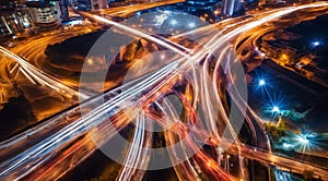 Colorful car light trails, long exposure photo at night, fantastic night scene, top view, a long exposure photo