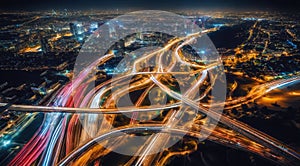 Colorful car light trails, long exposure photo at night, fantastic night scene, top view, a long exposure photo