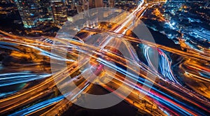 Colorful car light trails, long exposure photo at night, fantastic night scene, top view, a long exposure photo