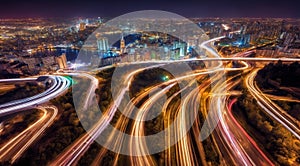 Colorful car light trails, long exposure photo at night, fantastic night scene, top view, a long exposure photo