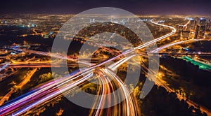 Colorful car light trails, long exposure photo at night, fantastic night scene, top view, a long exposure photo