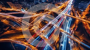 Colorful car light trails, long exposure photo at night, fantastic night scene, top view, a long exposure photo