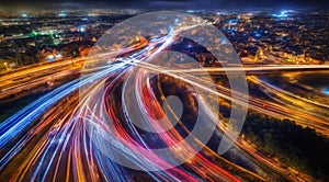 Colorful car light trails, long exposure photo at night, fantastic night scene, top view, a long exposure photo