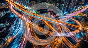 Colorful car light trails, long exposure photo at night, fantastic night scene, top view, a long exposure photo