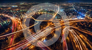 Colorful car light trails, long exposure photo at night, fantastic night scene, top view, a long exposure photo