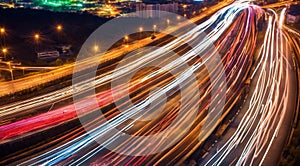 Colorful car light trails, long exposure photo at night, fantastic night scene, top view, a long exposure photo