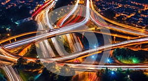 Colorful car light trails, long exposure photo at night, fantastic night scene, top view, a long exposure photo