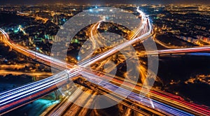 Colorful car light trails, long exposure photo at night, fantastic night scene, top view, a long exposure photo