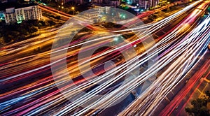 Colorful car light trails, long exposure photo at night, fantastic night scene, top view, a long exposure photo