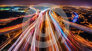 Colorful car light trails, long exposure photo at night, fantastic night scene, top view, a long exposure photo