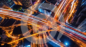 Colorful car light trails, long exposure photo at night, fantastic night scene, top view, a long exposure photo