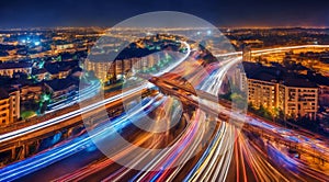 Colorful car light trails, long exposure photo at night, fantastic night scene, top view, a long exposure photo