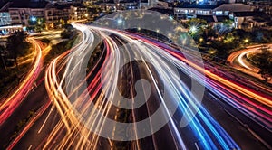 Colorful car light trails, long exposure photo at night, fantastic night scene, top view, a long exposure photo