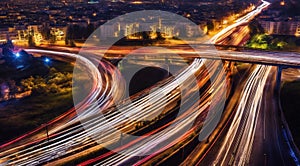 Colorful car light trails, long exposure photo at night, fantastic night scene, top view, a long exposure photo