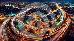 Colorful car light trails, long exposure photo at night, fantastic night scene, top view, a long exposure photo