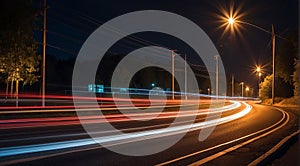 Colorful car light trails, long exposure photo at night, fantastic night scene, top view, a long exposure photo