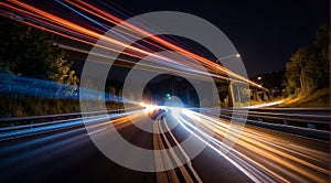 Colorful car light trails, long exposure photo at night, fantastic night scene, top view, a long exposure photo