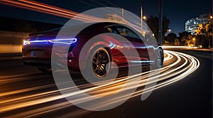 Colorful car light trails, long exposure photo at night, fantastic night scene, top view, a long exposure photo