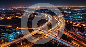 Colorful car light trails, long exposure photo at night, fantastic night scene, top view, a long exposure photo