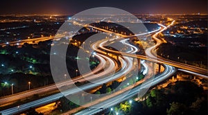 Colorful car light trails, long exposure photo at night, fantastic night scene, top view, a long exposure photo