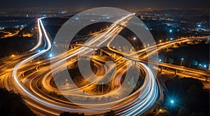 Colorful car light trails, long exposure photo at night, fantastic night scene, top view, a long exposure photo