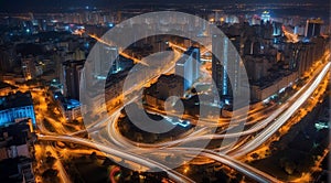 Colorful car light trails, long exposure photo at night, fantastic night scene, top view, a long exposure photo