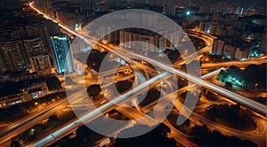 Colorful car light trails, long exposure photo at night, fantastic night scene, top view, a long exposure photo