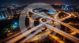 Colorful car light trails, long exposure photo at night, fantastic night scene, top view, a long exposure photo