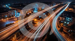 Colorful car light trails, long exposure photo at night, fantastic night scene, top view, a long exposure photo