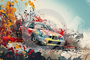 Colorful car speeding with vibrant paint splatter effect