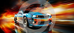 Colorful car tail lights and racing visuals on blurred bokeh for dynamic automotive scene.